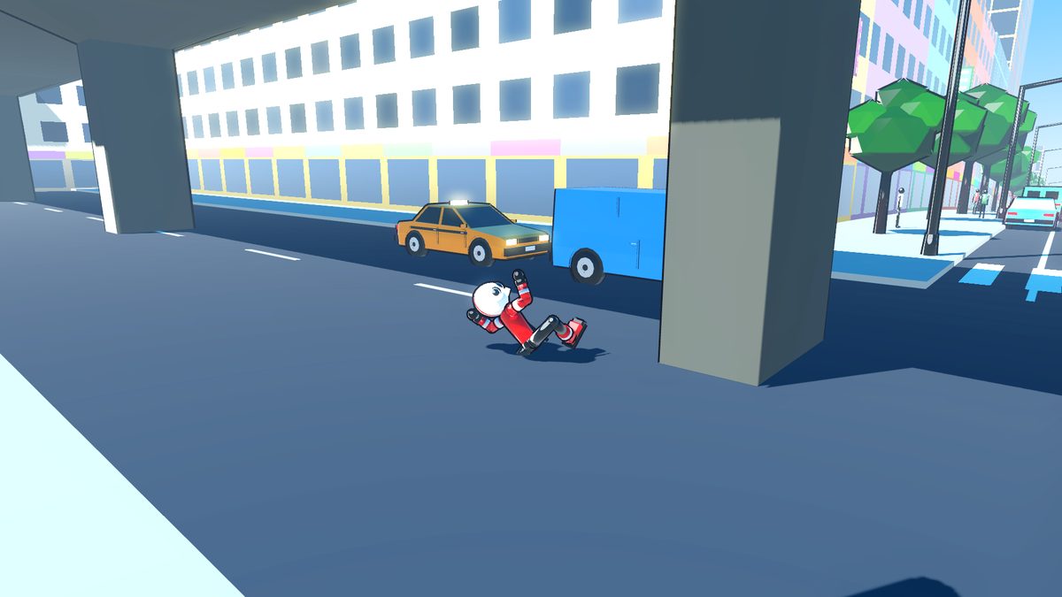 A stickman rider tumbling across the road after a crash
