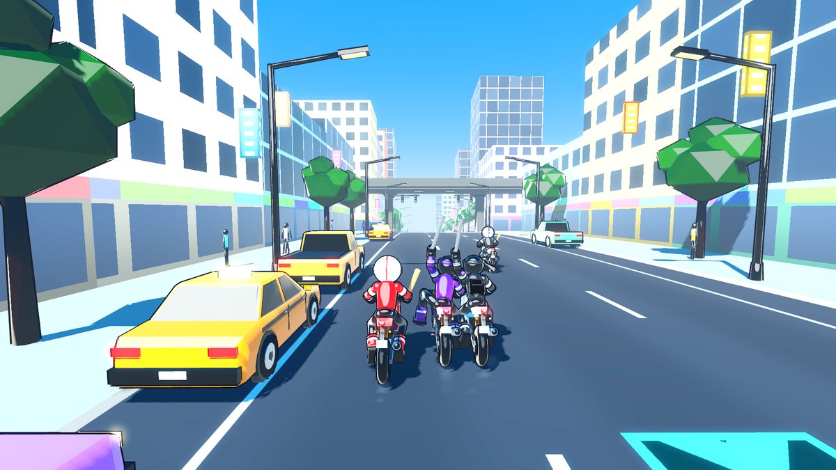 The player's red stickman rider racing side by side with rival riders on a city street